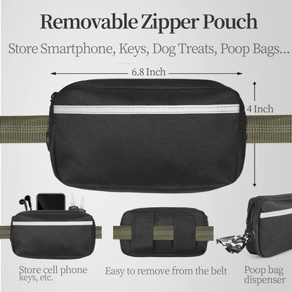 iYoShop Hands Free Dog Leash with Zipper Pouch, Dual Padded Handles and Durable Bungee for Walking, Jogging and Running Your Dog (Large, 25-120 lbs, Military Green)
