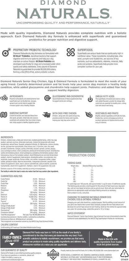 Diamond Naturals Senior Real Meat Recipe Natural Dry Dog Food With Real Cage Free Chicken, 35Lb