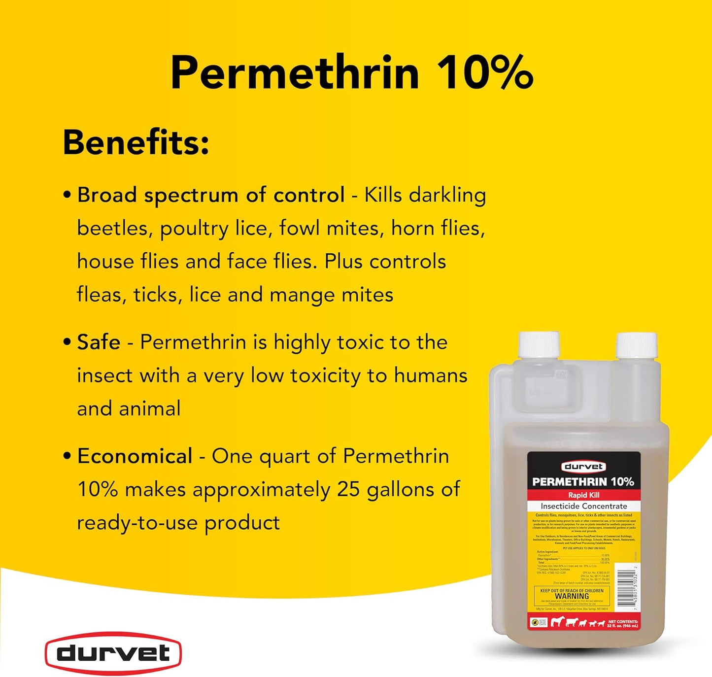 DURVET 2253432 Permethrin - EC 10 Percent - Concentrate - 32 Ounces