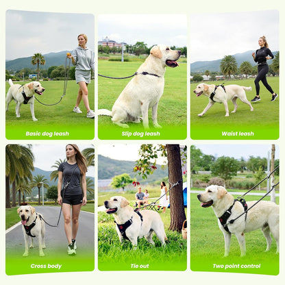 Black 8-in-1 Multifunctional Hands Free Reflective Rope Dog Leash for Medium Large Dogs-8ft Adjustable Heavy Duty Nylon Slip Lead with Double Ended Waist & Crossbody for Tie Out Training & Running