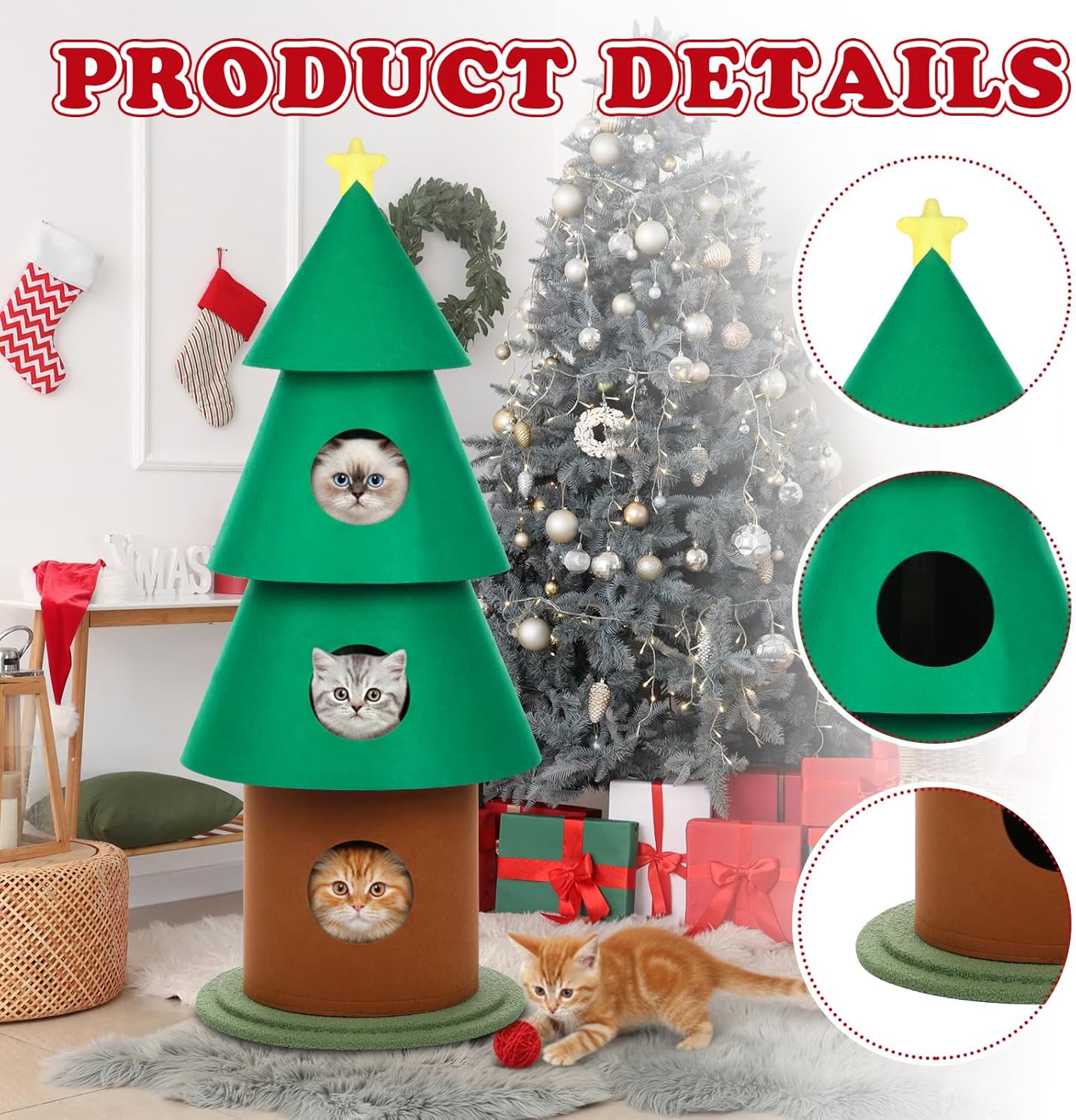 Leinuosen 60 Inch Felt Cat Christmas Tower for Indoor with 3 Condos 5 ft Xmas Tall Cat Tree Tower Furniture with Star Topper for Kitty Kitten DIY Christmas Decoration Activity Center Play House