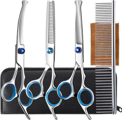 5 in 1 Upgraded Thicken Dog Grooming Scissors, Professional Dog Scissors for Grooming with Safety Round Tips, Lengnoyp Stainless Steel Thinning Shears, Pet Cat Shears for Grooming Kit