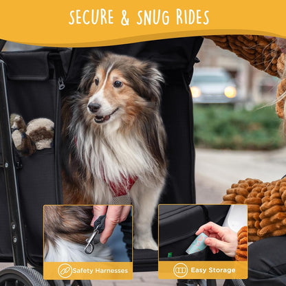 Scout Pet Stroller, 4-Wheel Design for Small/Medium Dogs - One-Button Fold, Adjustable Mesh Windows & Shades, 360° Swivel Front Wheels, Rear Wheel Brake for Safety, Black