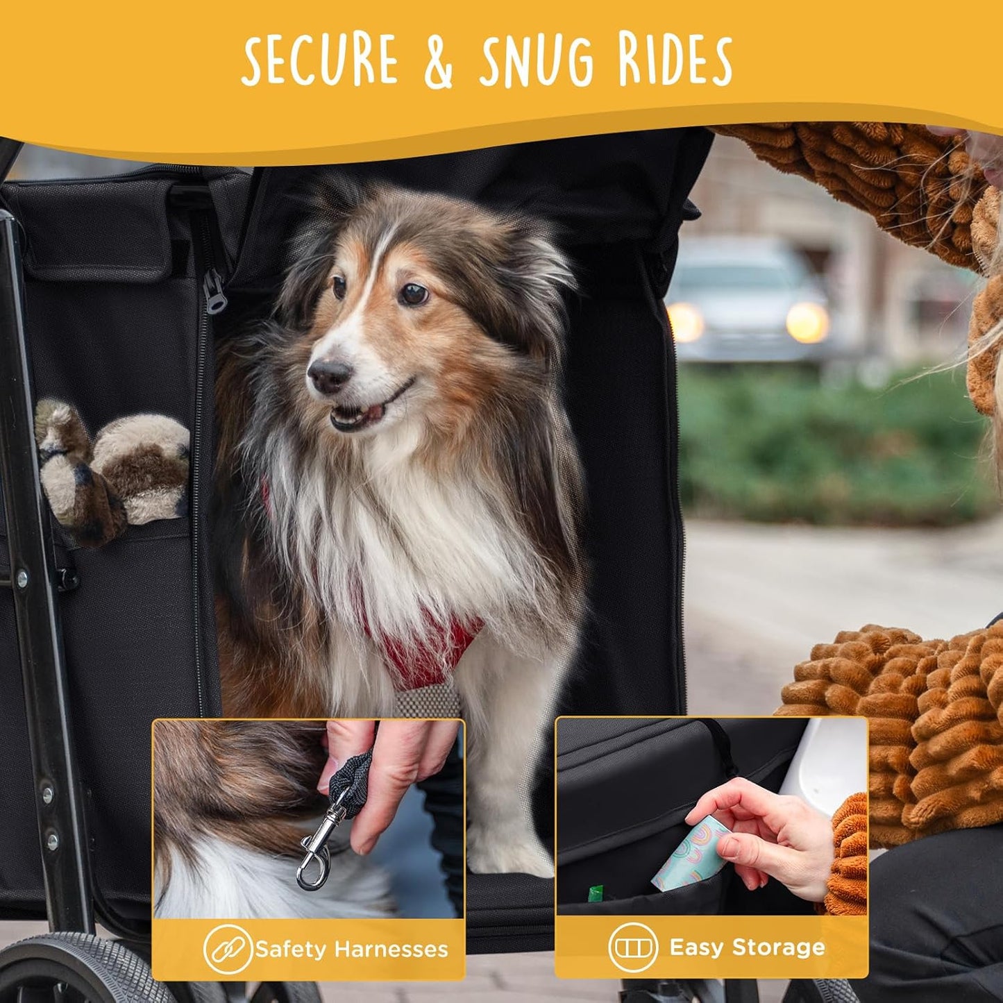 Scout Pet Stroller, 4-Wheel Design for Small/Medium Dogs - One-Button Fold, Adjustable Mesh Windows & Shades, 360° Swivel Front Wheels, Rear Wheel Brake for Safety, Black