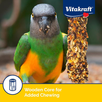 Vitakraft Crunch Sticks for Parrots Apricot and Cherry Flavor Natural Wood Chew Center With Clip Holder Long Lasting Treats For Parakeets Conures Cockatiels And Parrots - 5.5 oz 2 sticks