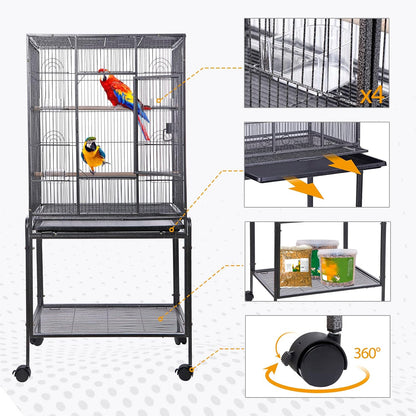 HSM 53 Inch Wrought Iron Large Bird Flight Cage with Rolling Stand for African Grey Parrot Cockatiel Sun Parakeet Conure Lovebird Canary
