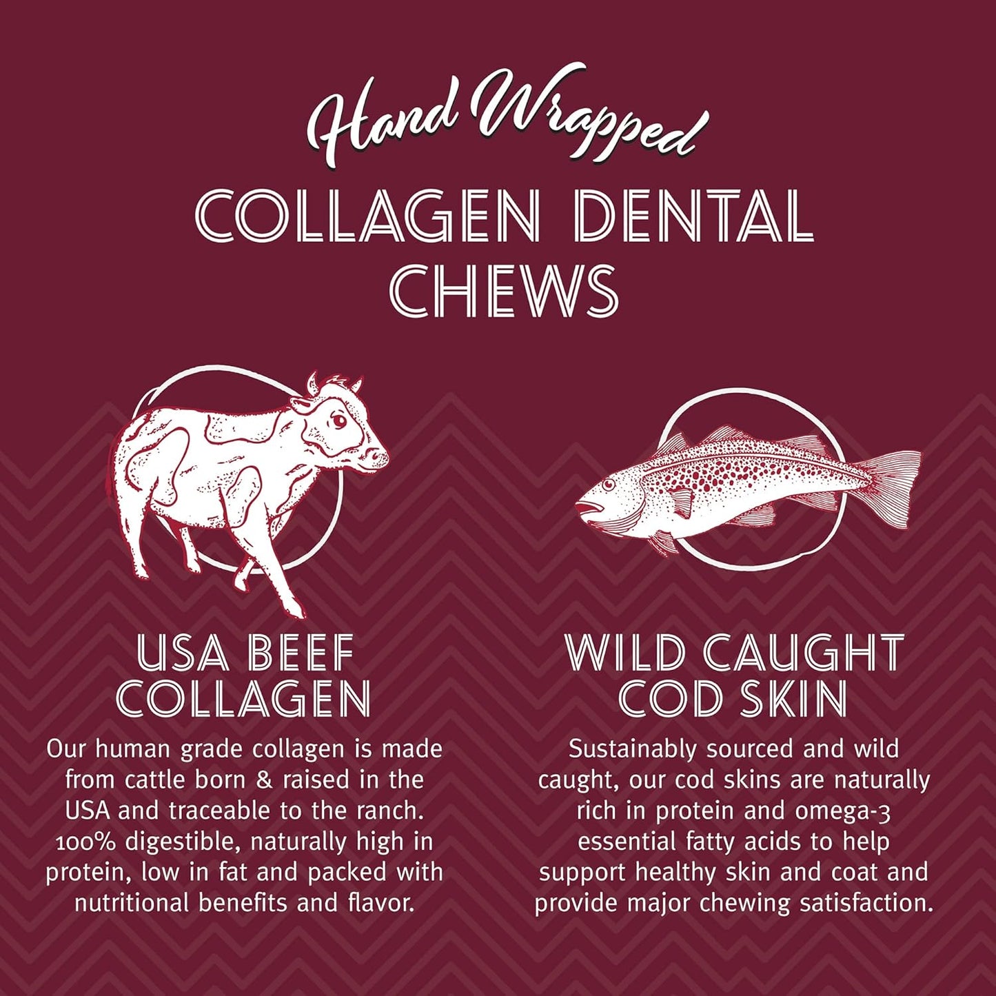 Icelandic+ Collagen Dental Chew: Beef & Cod Skin - 8" Dog Treat Stick, Hand-Wrapped Fish, 2 Ingredient Pet Snacks, Dental Health, Rawhide Alternative