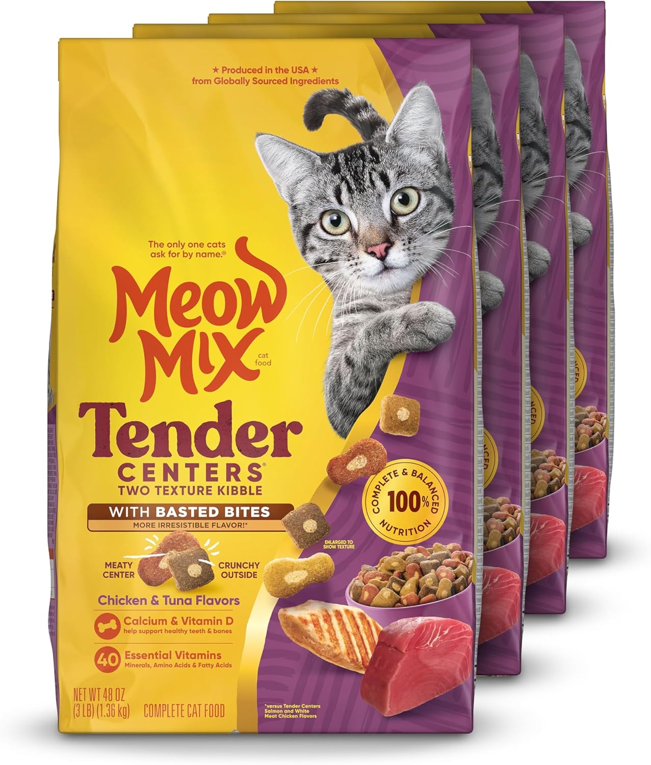 Meow Mix Tender Centers Basted Bites Dry Cat Food, Chicken & Tuna Flavor, 3 Pound (Pack of 4), Crunchy Outside Meaty Inside