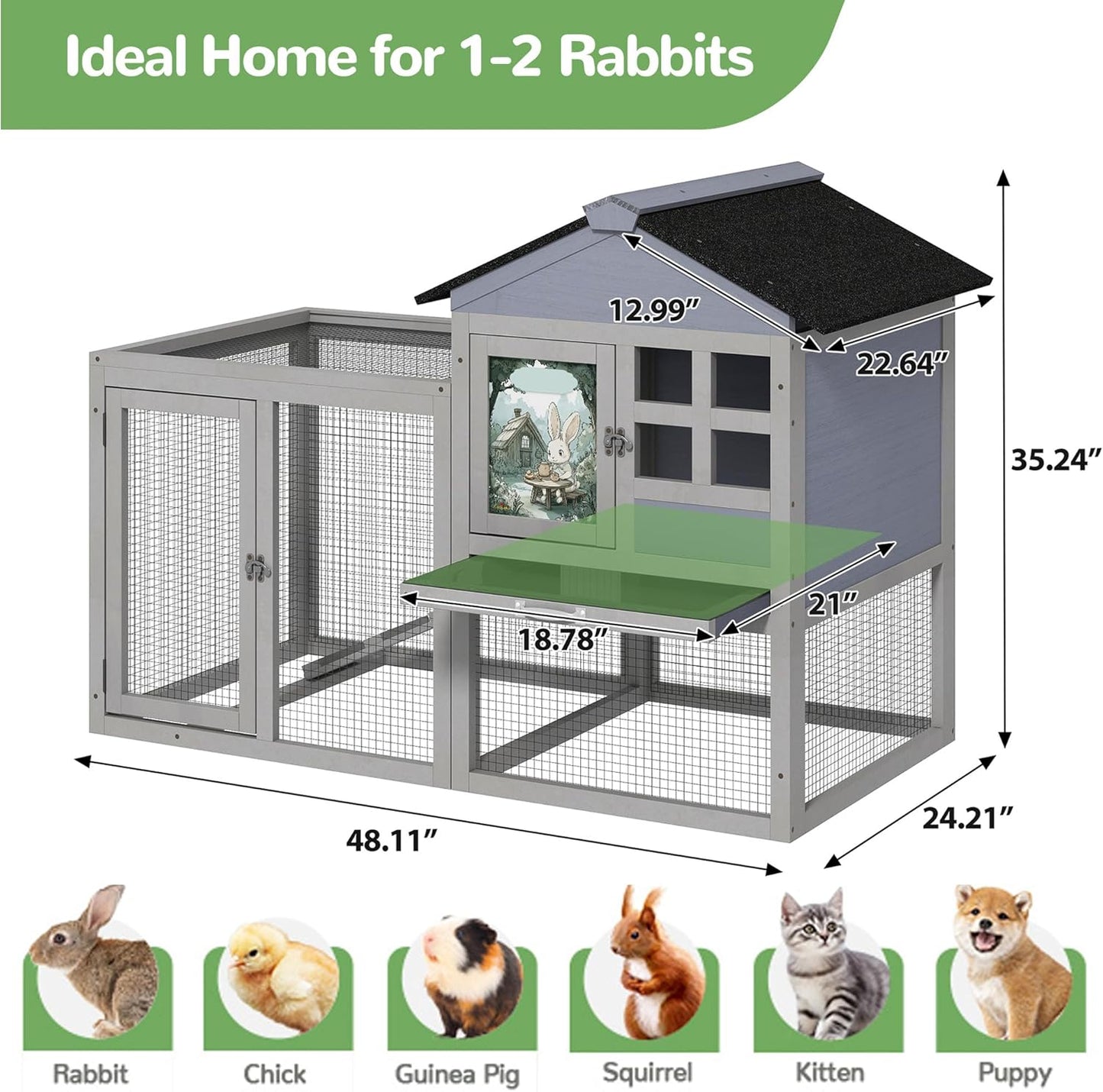 48" L Large Rabbit Hutch Outdoor Indoor, Expandable 2-Story Wooden Bunny Cage with Run, Removale Tray, 3 Entrances, Grey + Colorful Pattern