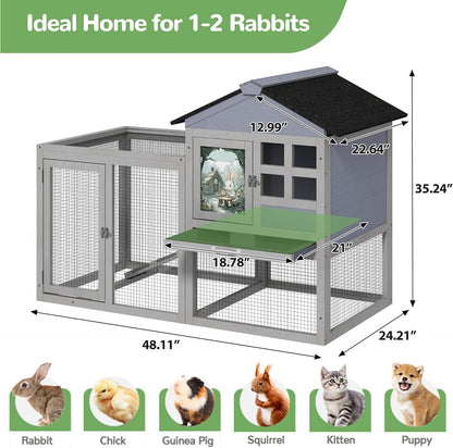 48" L Large Rabbit Hutch Outdoor Indoor, Expandable 2-Story Wooden Bunny Cage with Run, Removale Tray, 3 Entrances, Grey + Colorful Pattern