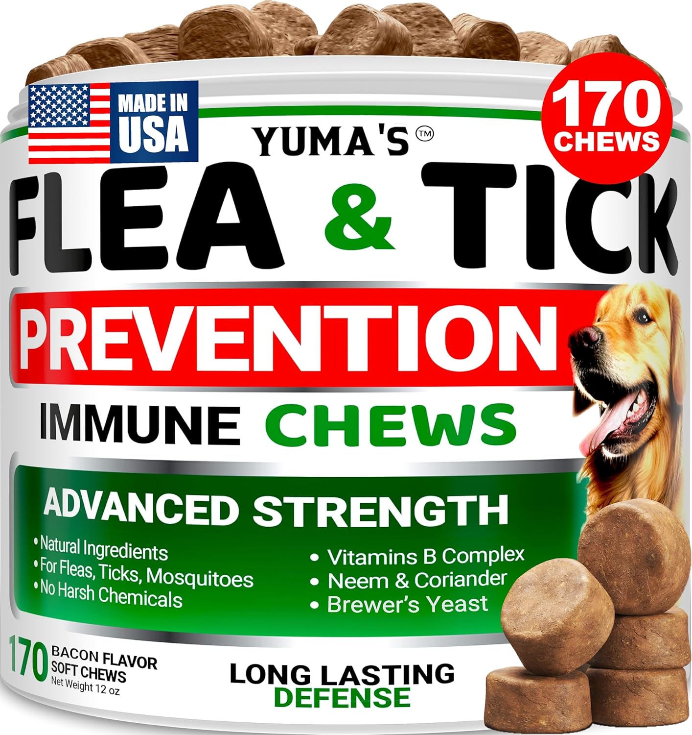 Flea and Tick Prevention for Dogs Chewables - 170 Treats - Natural Dog Flea and Tick Treatment Chewable Supplement - Oral Pills - All Breeds & Ages - Soft Chews - Made in USA - Bacon Flavor