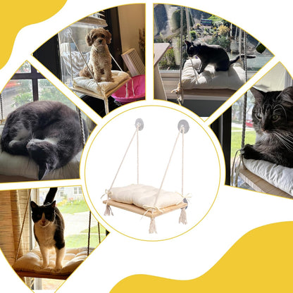 Cat Window Perch, Suction Cup Window Hammock Seat Beds for Indoor Cats with Soft Cushion and Solid Pine Wood