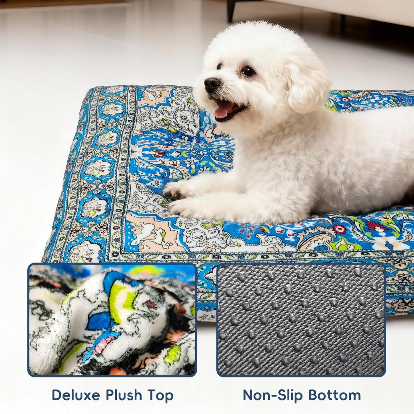 Washable Dog Crate Bed, Ultra Soft & Anti-Slip Crate Pad, Cozy Kennel Mat for Large/Medium/Small Dogs, Thick & Bohemian Dog Bed Mat (Blue, 30.0" L x 19.0" W x 2.3" H)
