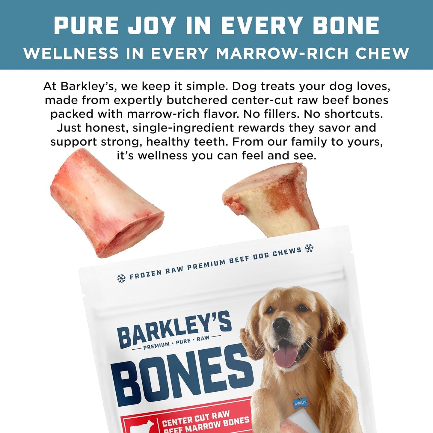 Barkley's Bag Beef Marrow Bones, Frozen Dog Treats, Single Ingredient Center Cut Beef Bone, Raw Natural Chew for Dogs, Keep Frozen, Pure Bold Taste, 4 Count Bag