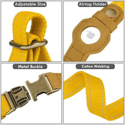 Reflective Leather Dog Collar with AirTag Holder - Soft Apple Airtag Dog Collar with Metal Buckle - Safety Cotton Pet Collars for Dogs Small Large Dogs Puppy (Yellow, XS, 9"-12")
