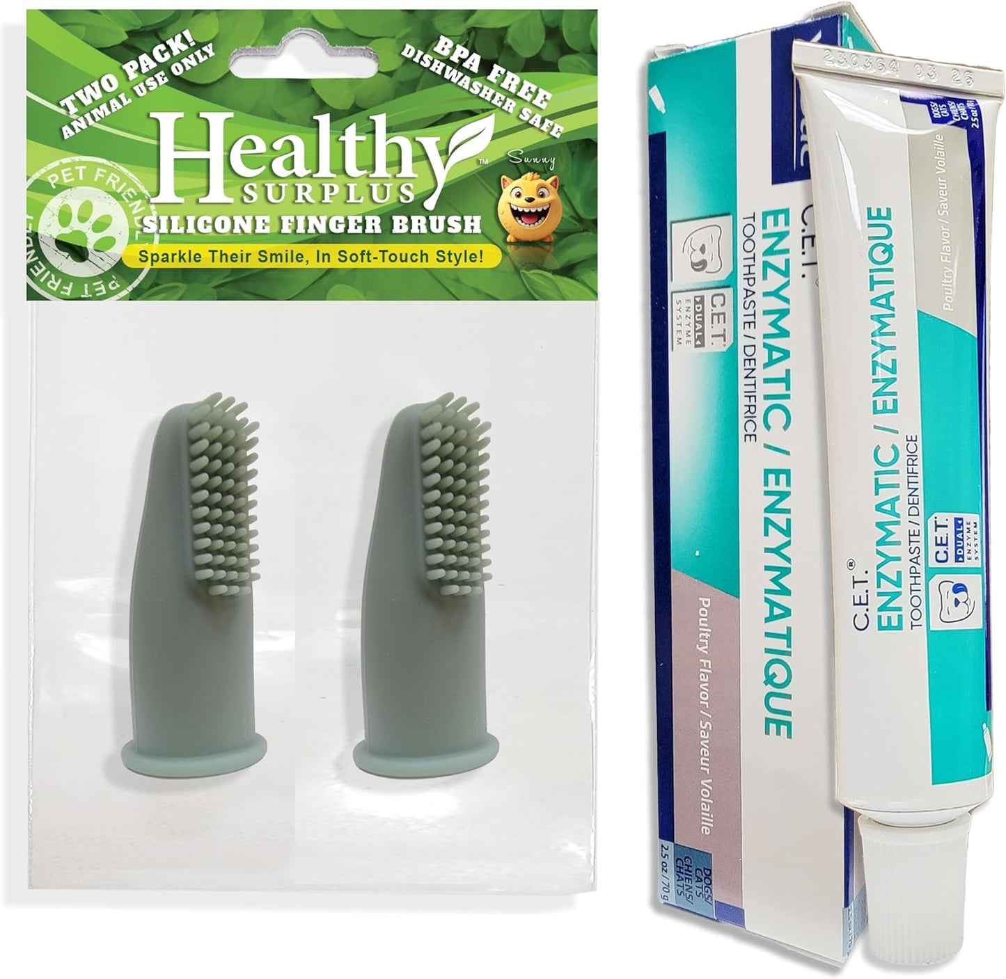 Healthy Surplus Silicone Finger Brush Twin Pack | 1 Virbac CET Enzymatic Poultry Toothpaste 2.5 oz/70 g | Fresh Breath, Plaque & Tartar Control | Dog Tooth Brushing Kit Oral Care for Pets