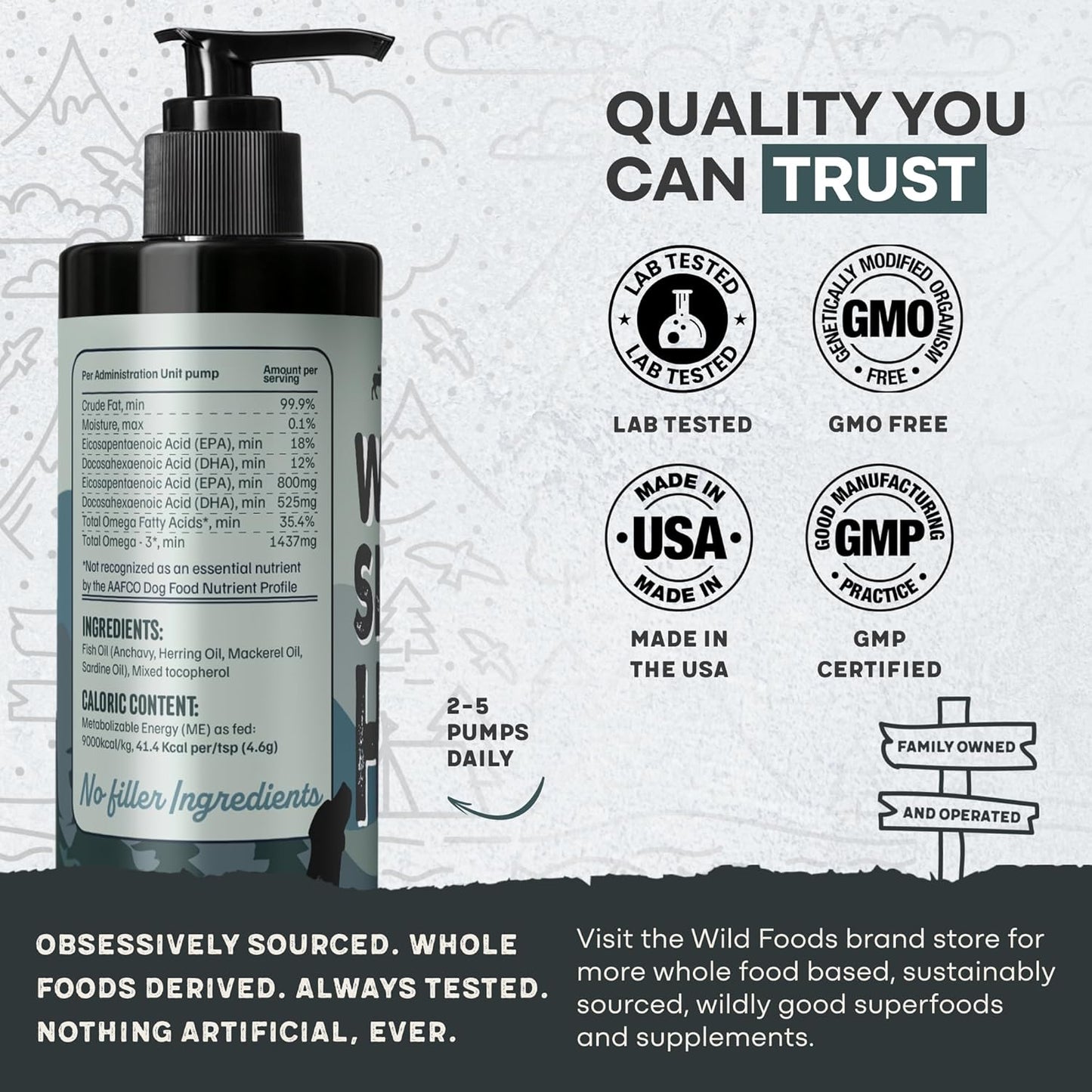 Wild Dog Fish Oil - Premium Multi-Fish Blend for Skin & Coat Health - More Potent Than Salmon Oil for Dogs - 1437mg of Omega 3 for Dogs - EPA & DHA – 8 fl oz Pump