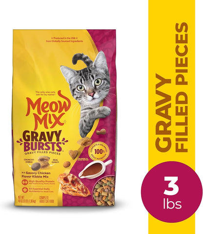 Meow Mix Gravy Bursts Dry Cat Food, Chicken, 3 LB Bag
