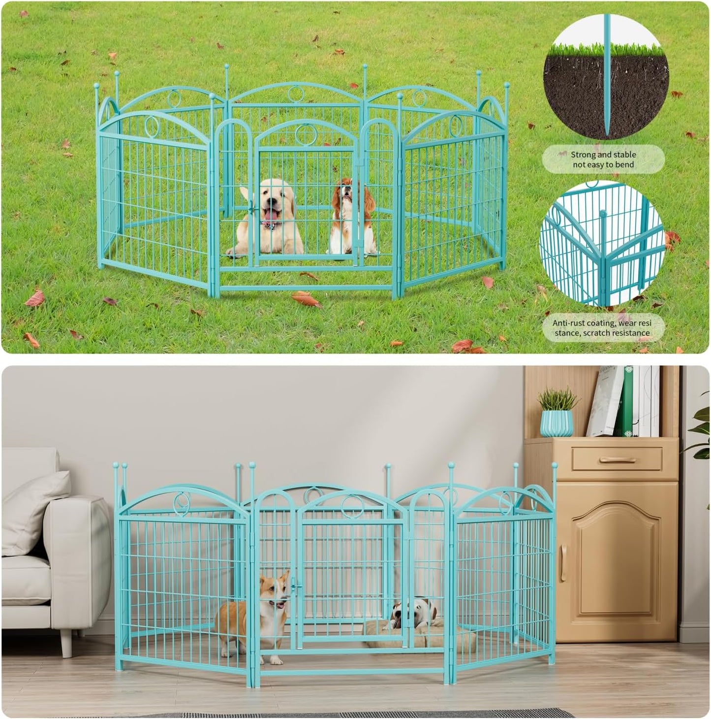 Dog Playpen Indoor 24 Inch 8 Panels Metal Dog Pen Pet Dog Fence Outdoor Exercise Pen with Doors Blue Rust-Resistant & Stable Indoor Outdoor Durable