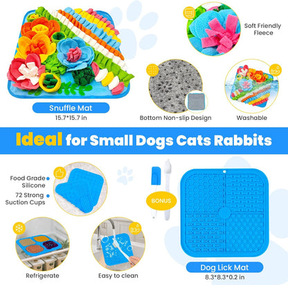 Petcare Dog Snuffle Mat and Lick Mat Set, Interactive Enrichment Dog Puzzle Toy for Puppy Small Dogs Cats Rabbits, Cognitive Sniff Foraging Mats Mental Stimulation Treat Game Slow Feeder Mats