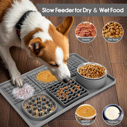 Dog Lick Mat for Small Dogs Cats, 13.8 x 9 Inches Silicone Slow Feeder Dog Licking Mat with Bowls, Peanut Butter Feeding Mat for Anxiety Relief, Reduce Boredom, Improve Eating Habit (Grey)