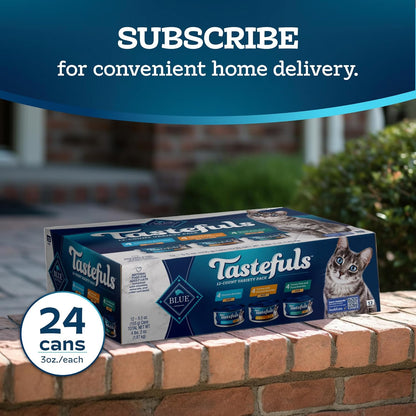 Blue Buffalo Tastefuls Wet Cat Food Paté Variety Pack, Made with Natural Ingredients, Chicken, Turkey & Chicken, Ocean Fish & Tuna Entrées, 5.5-oz Cans (24 Count, 8 of Each)