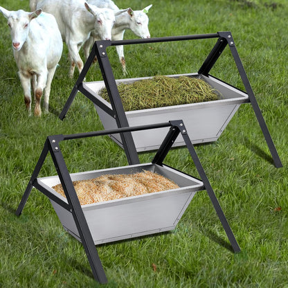 2 Pack Heavy-Duty Livestock Feeder Trough, Stainless Steel Goat Feeder Supplies and Large Capacity Goat Hay Feeder for for Sheep, Horses, Hogs