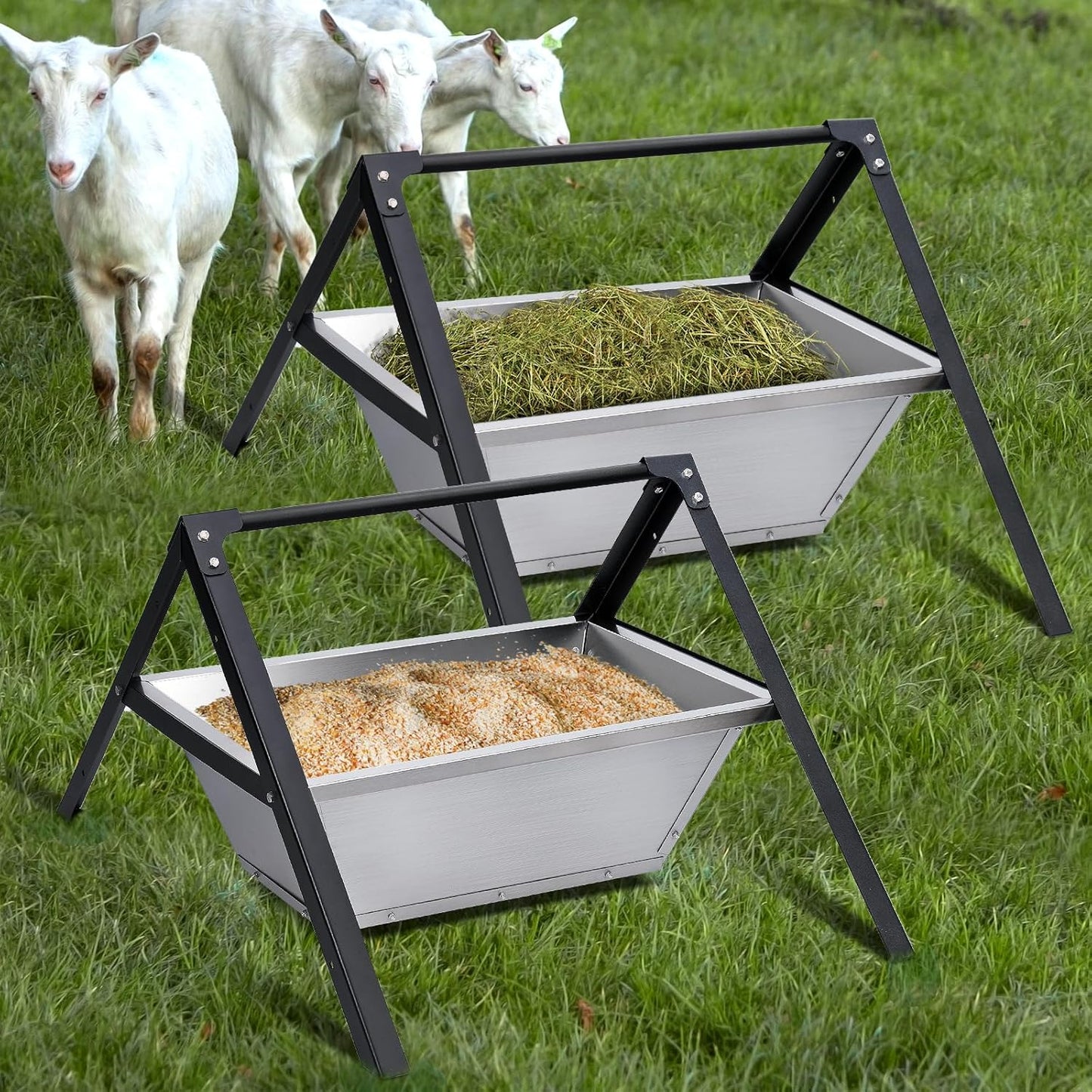 2 Pack Heavy-Duty Livestock Feeder Trough, Stainless Steel Goat Feeder Supplies and Large Capacity Goat Hay Feeder for for Sheep, Horses, Hogs