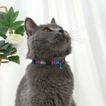 4PCS Breakaway Cat Collars with Bell - Cute Soft Adjustable Safety Kitten Collars 4-Pack - Nylon Pet Collars Nature Tribal Striped Floral Space Aztec Flowers Print (Travel & Cookies)