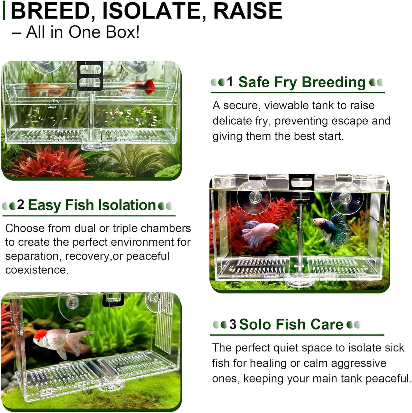 Triple-Chamber Aquarium Fish Breeder & Isolation Box, Transparent Hatching Incubator Tank with Suction Cups & Hook, Nursery for Livebearer Guppy Fry Breeding and Betta Fish, Shrimp Quarantine