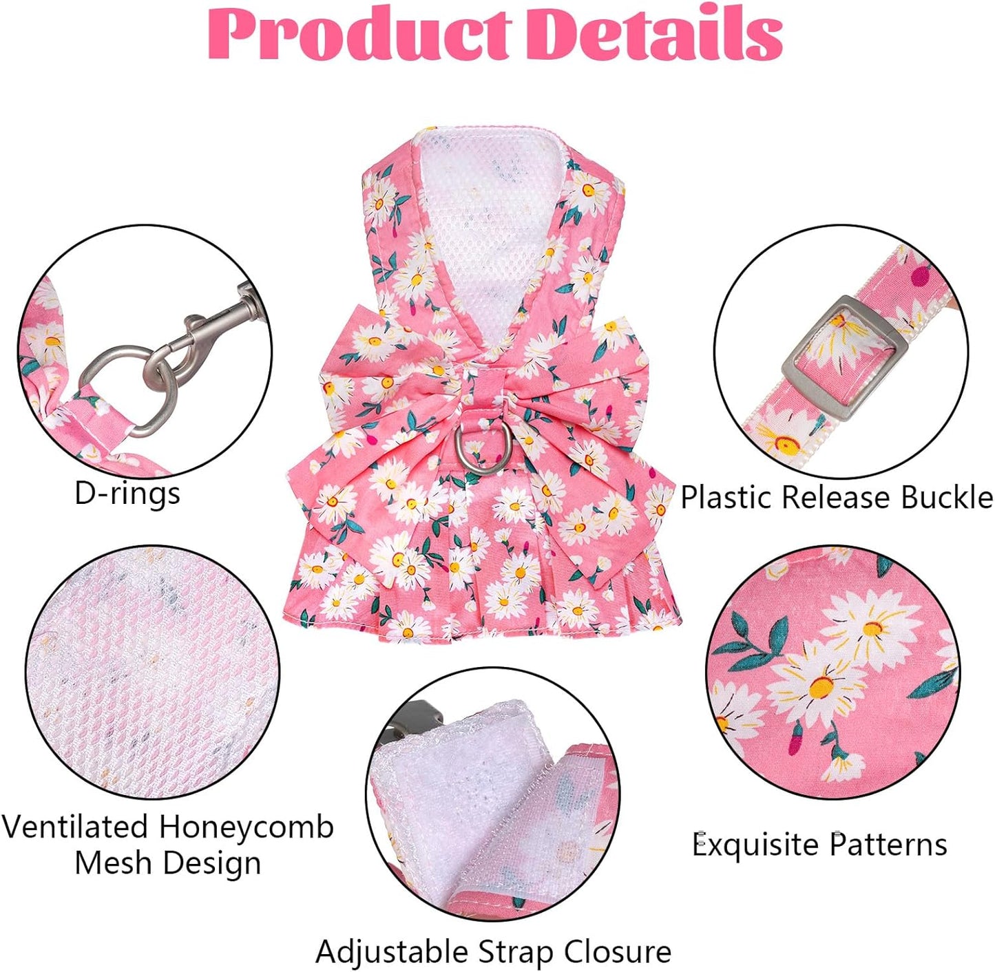 Dog Dress Bowknot Harness and Leash Set Adjustable Puppy Harness Mesh Vest Set Bow Knot Pet Clothes for Small Girl Dog Cat (X-Small, Pink)