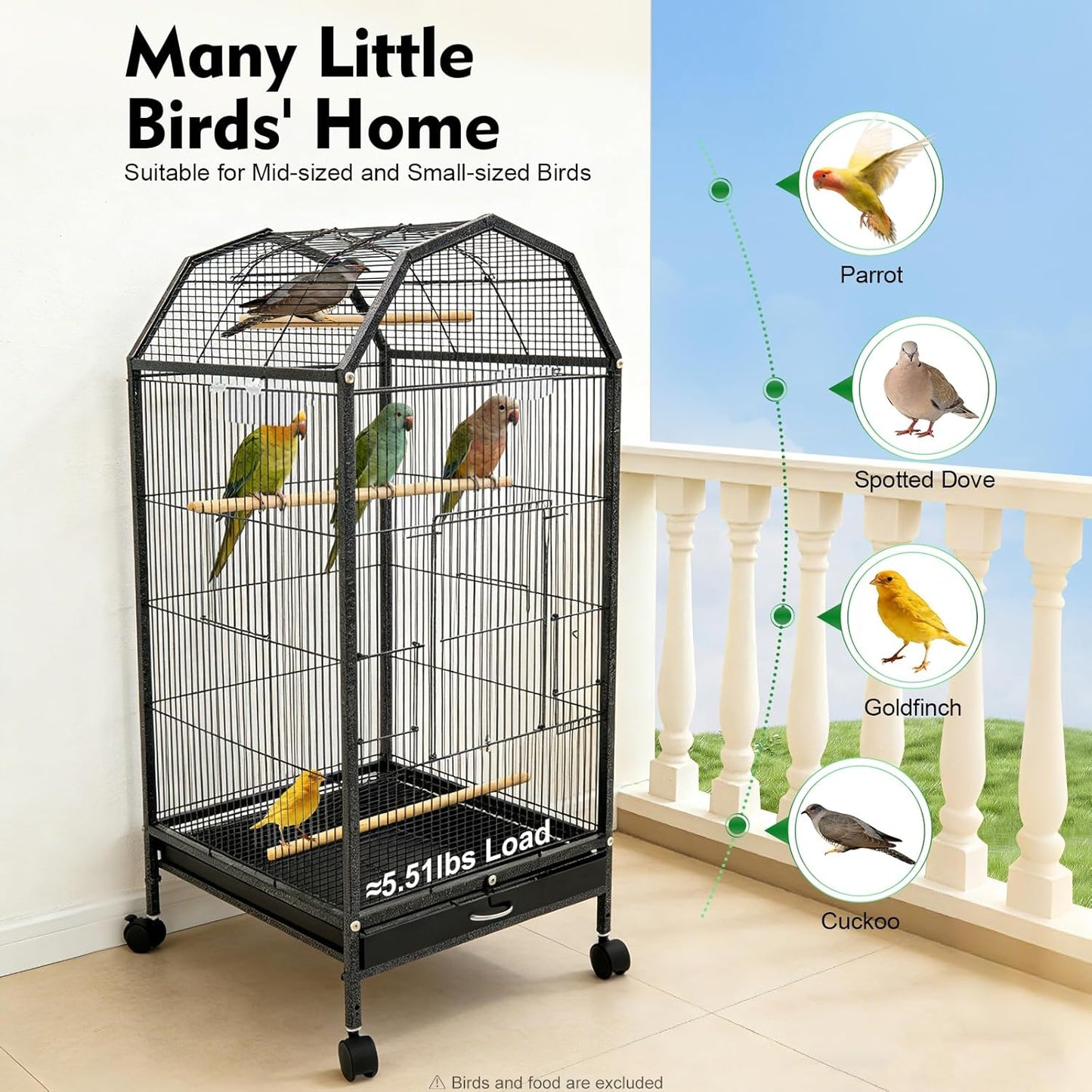 37-inch Iron Standing Parrot Parakeet Flight Bird Cage Bird Cage Birdcage with Rolling Stand for Small Parrot Sun Parakeet Green Cheek Lovebird Budgie Finch Canary