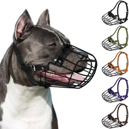 Pitbull Dog Muzzle Breathable Metal Basket for Large Dogs Amstaff Staffordshire Terrier Secure Wire Mask Adjustable Durable Leather Straps Biting Chewing Barking (Black)