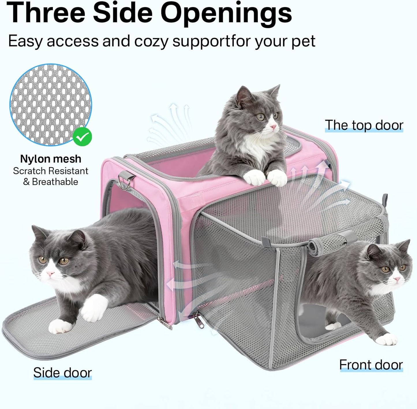 Expandable Cat Carrier, Airline Approved Soft Sided Pet Carrier for Cats & Small Dogs Up to 15 lbs, with Locking Safety Zippers & Cozy Fleece Pad, Portable for Car & Vet Visits, Pink
