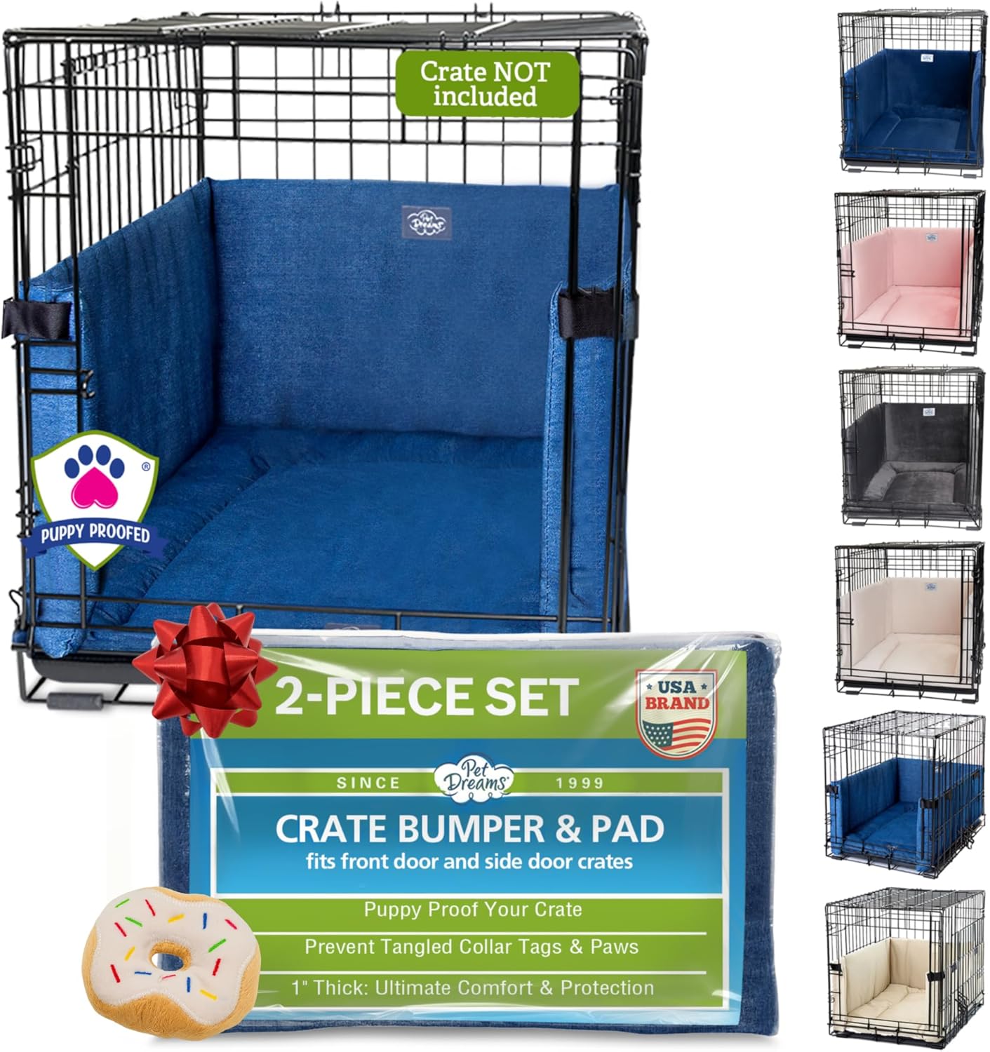 Pet Dreams Dog Crate Bumper & Mat Set with Bonus Donut Toy - Comfy Liner & Dog Tail Protector for Inside Crate, fits iCrate Cages 18, 24, 30, 36, 42, 48 Inches (Denim, Small, 24“)