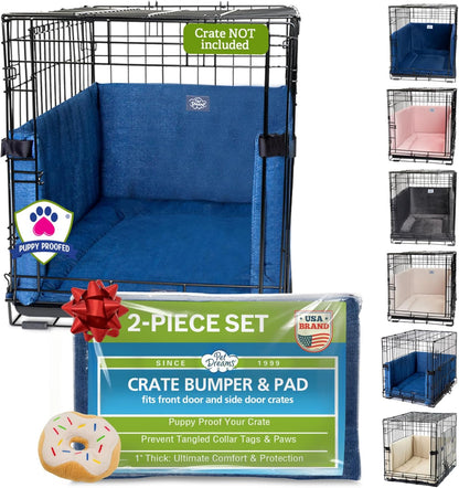 Pet Dreams Dog Crate Bumper & Mat Set with Bonus Donut Toy - Comfy Liner & Dog Tail Protector for Inside Crate, fits iCrate Cages 18, 24, 30, 36, 42, 48 Inches (Denim, Small, 24“)
