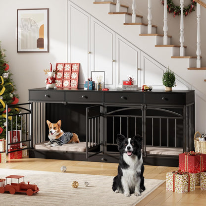 GarveeHome Dog Crate Furniture for 2 Dogs, Dog Kennel Indoor with 4 Storage Drawers and Feeding Bowls, Double Dog Crate TV Stand for Small Medium Dogs, Black