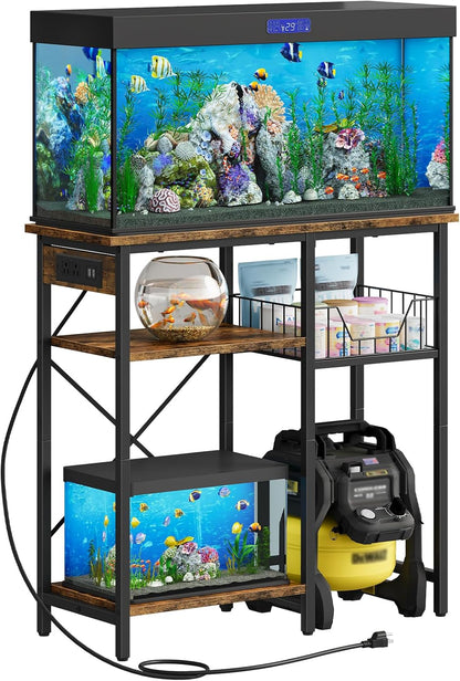 Fish Tank Stand with Power Outlet, Aquarium Stand with Wire Storage Basket, 10-15 Gallon Reptile Tank Stand with Shelves, Aquarium Table, for Home, Office, Rustic Brown and Black TCW78UBF