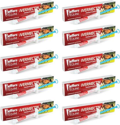 Jeffers Equine Ivermectin Gel Horse Dewormer Paste 1.87%, Broad Spectrum Equine Parasite Control Formula, Apple Flavored Oral Wormer for Horses, Easy Travel Use, Mess Free Syringe Tube - 10 Pack