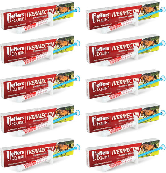 Jeffers Equine Ivermectin Gel Horse Dewormer Paste 1.87%, Broad Spectrum Equine Parasite Control Formula, Apple Flavored Oral Wormer for Horses, Easy Travel Use, Mess Free Syringe Tube - 10 Pack