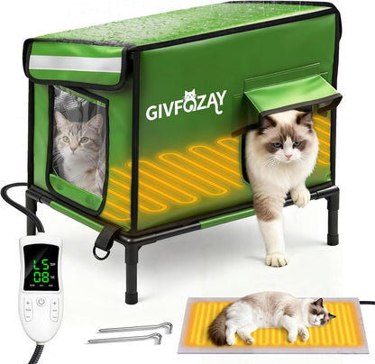 Heated Cat House for Outside use 900D Oxford Cloth, Outside Cat House Weatherproof with Remote Control Heating Pad, Insulated Cat Houses with Sloped Roof for Drainage, Raised Legs to Isolate Moisture