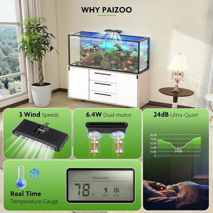PAIZOO Aquarium Chiller Fan, Fish Tank Cooling Fans Aquarium Cooler with Temperature Probe & LCD Display, Auto Temperature Control & 3 Speed Modes Axolotl Cooler, 6.4W