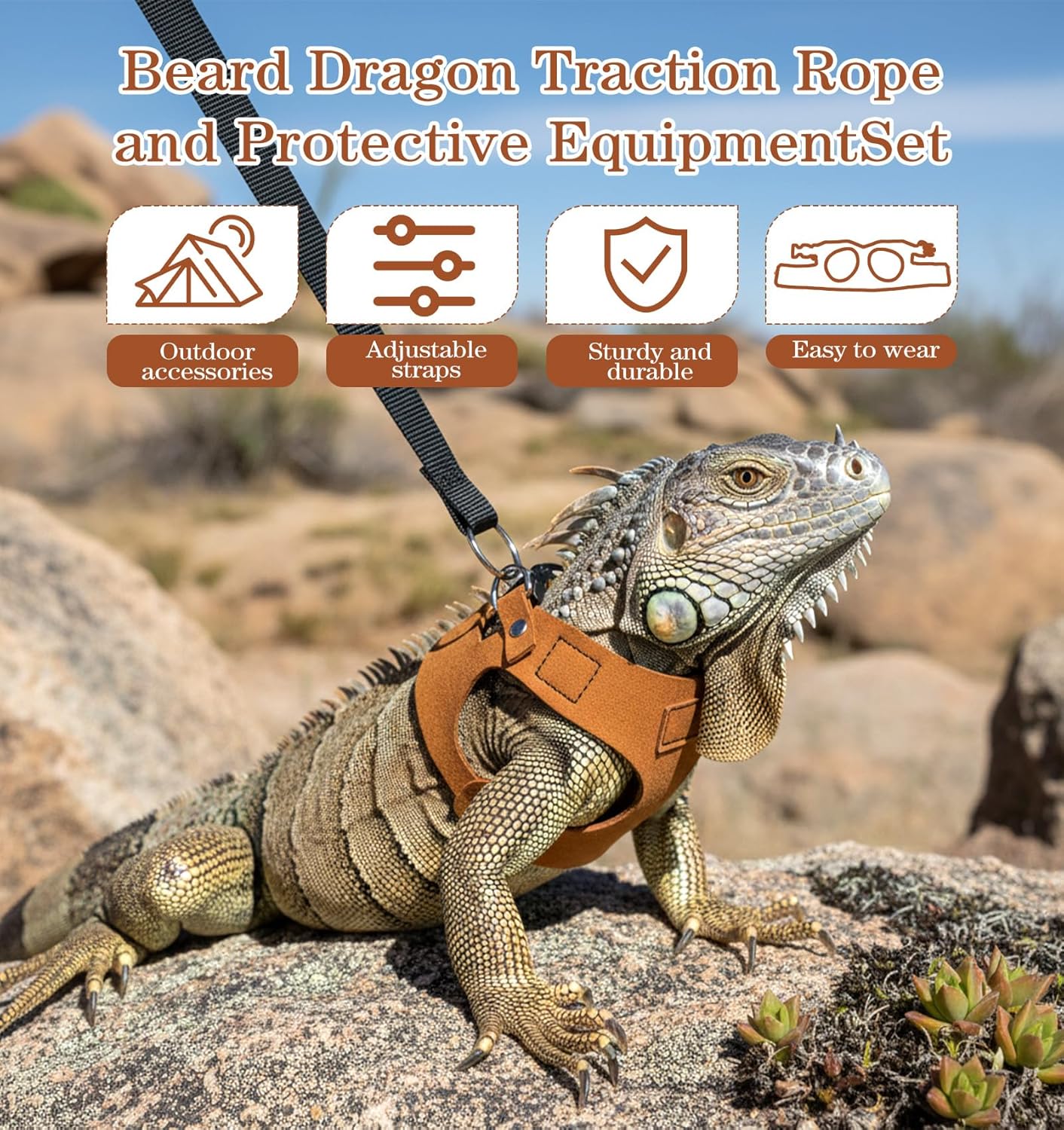 Bearded Dragon Leash and Harness Set, 3PCS Faux Leather Adjustable Bearded Dragon Harness and Leash, Traction Rope for Lizard Small Animal Outdoor Walking (Brown/S, M, L)