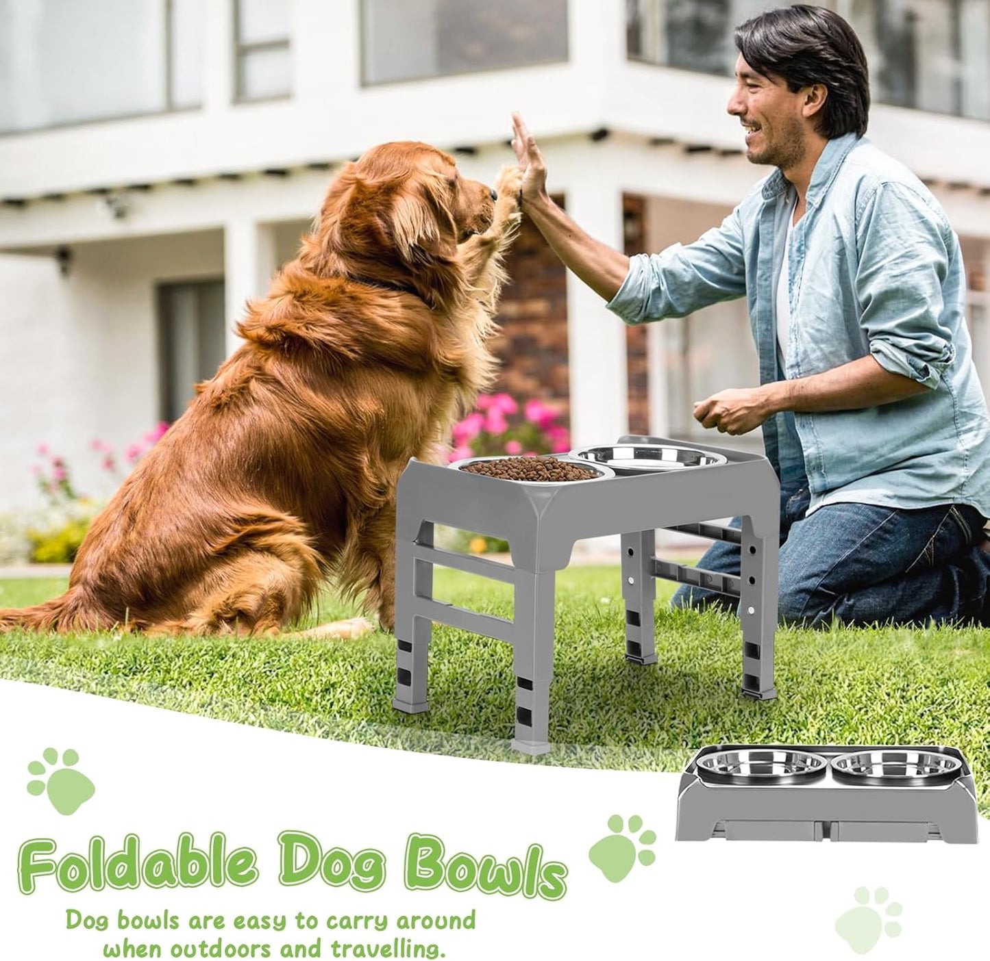 Elevated Raised Dog Bowl Stand with 2 Stainless Steel Bowls, Adjustable Height for Medium Large Dogs, 12.36" - 3.7" Foldable Feeder, Grey