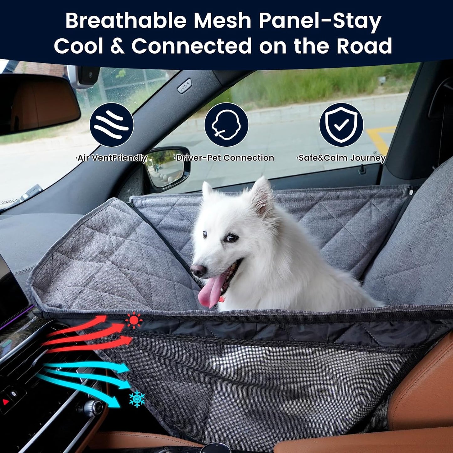 Front Seat Dog Car Seat for Small/Medium Dogs with Door Protection – Full Coverage Pet Booster Seat with Mesh Window, Zippered Side Flaps, Safety Buckle, Grey Linen Fabric