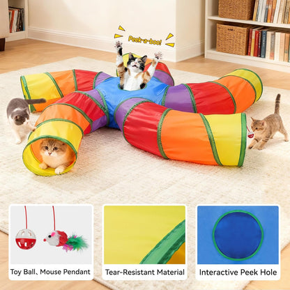 Joytale 5-Way Cat Tunnels for Indoor Cats, Pet Tube Toy with Play Ball and Toy Mouse, Christmas S-Shape Collapsible Tunnel with Interactive Hole for Kitty, Kitten, Rabbit, Puppy (Rainbow)