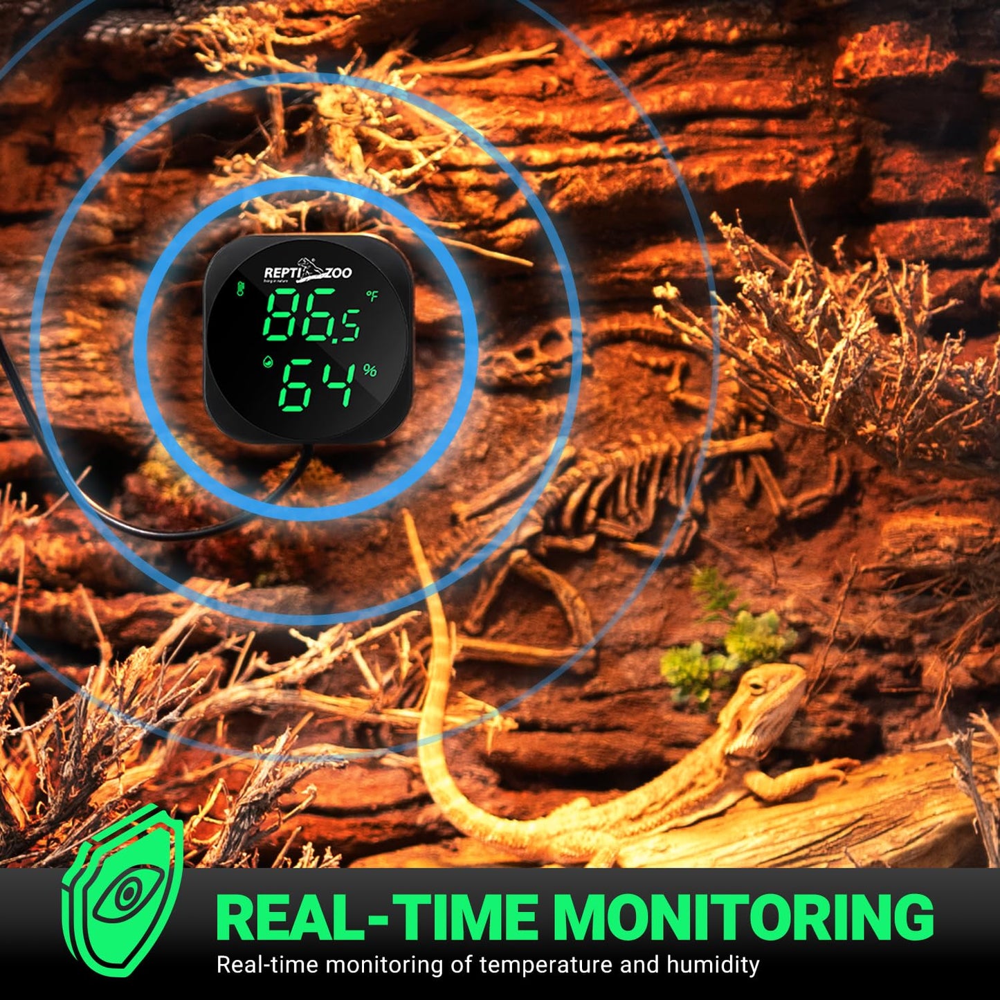 REPTI ZOO Thermometer Hygrometer, LED Digital Thermo Hygrometer for Reptile Terrarium Pet Rearing Box, Reptile Tank Thermometer with 55.2" Cable USB Power Supply