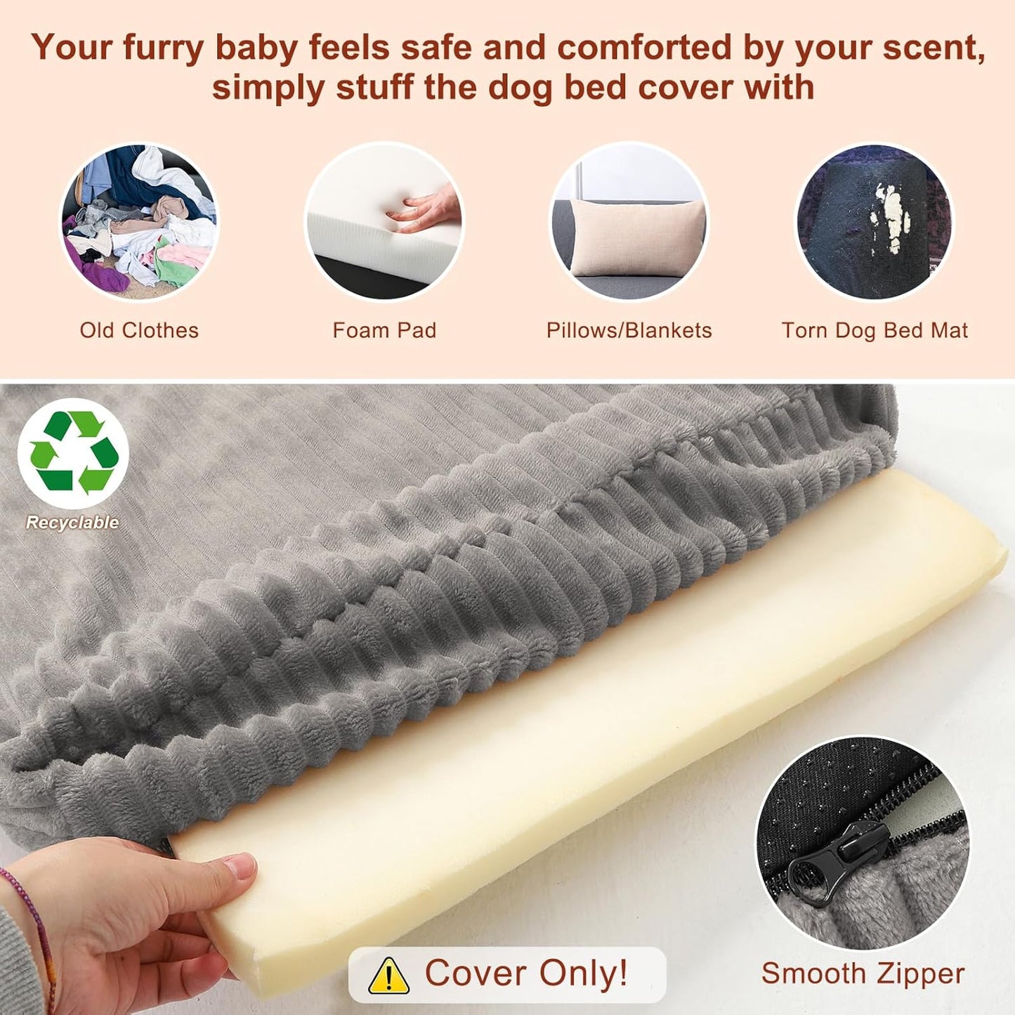 BEAUTYZOO Waterproof Dog Bed Cover Replacement Washable, Soft Plush Dog Bed Covers Removable with Zipper, Antislip Noiseless Ped Hair Pee Resistant Bedding Liner for Puppy Cat, 36x23inch, Grey L