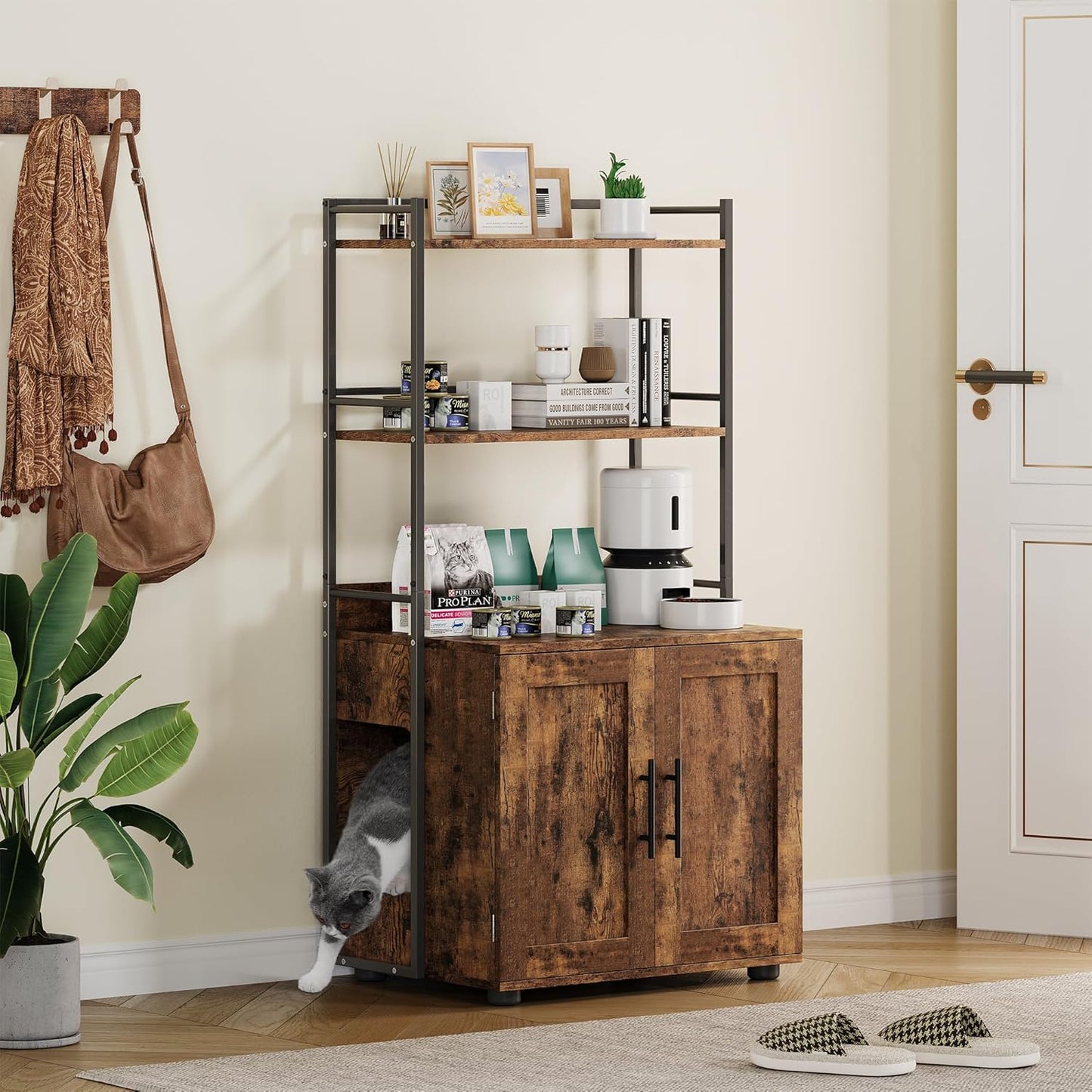 Cat Litter Box Enclosure with 2-Tier Storage Shelves and Doors, Hidden Cat Washroom Furniture with 2 Doors and Ventilation Holes, Indoor Large Cats House Cabinet Bookshelf for Most Litter Box - Brown