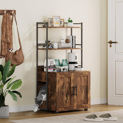 Cat Litter Box Enclosure with 2-Tier Storage Shelves and Doors, Hidden Cat Washroom Furniture with 2 Doors and Ventilation Holes, Indoor Large Cats House Cabinet Bookshelf for Most Litter Box - Brown